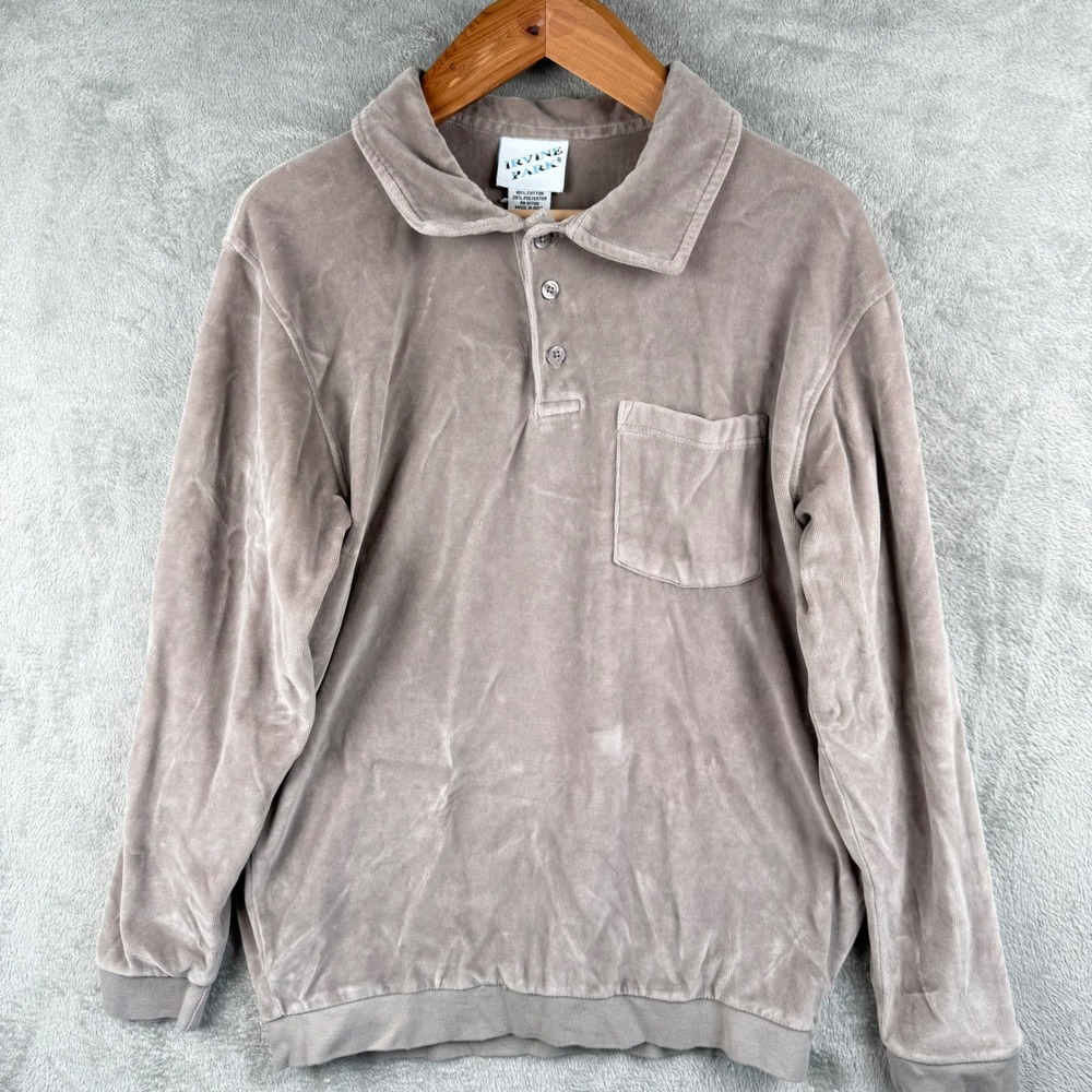 Irvine‎ Park Velour Pullover Shirt Mens M Beige Vintage 90s Dad Soft Retro L/S